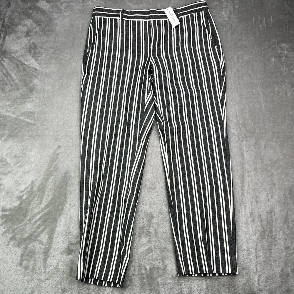 Banana Republic Avery Pants Womens 6 Gray White Striped Linen Blend Coastal New‎